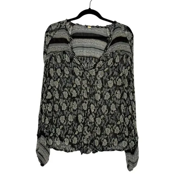 Free People Boho Floral Sheer Blouse Flowy Peasant Top Festival Cottagecore S