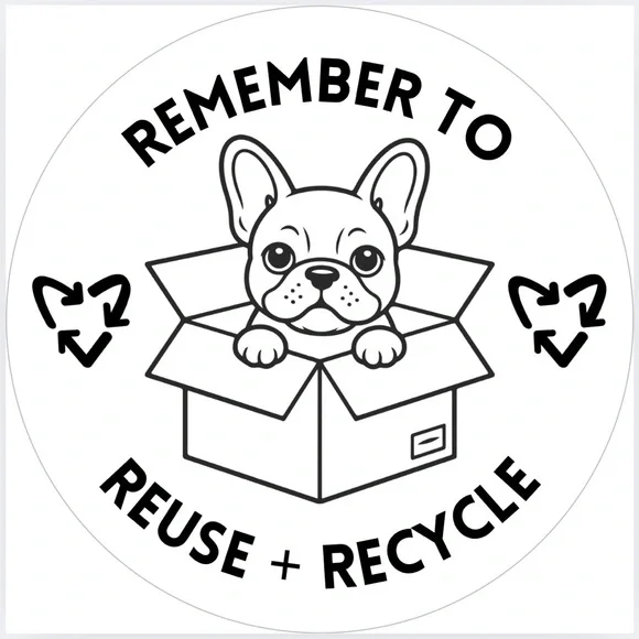 Handmade 50 Count French Bulldog “Remember to Reuse + Recycle” Stickers 2” x 2”