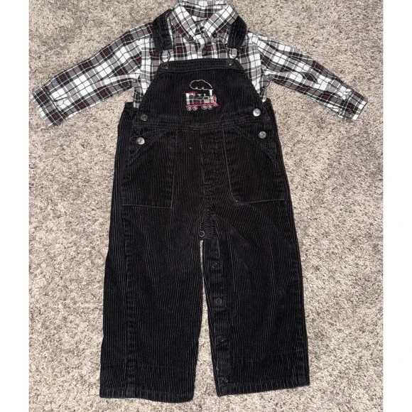 VTG Black Corduroy Bib 18M Overalls Plaid Shirt 12M Children's‎ Place Train 2003