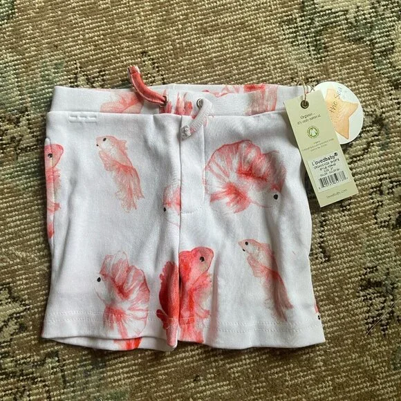 NWT L'oved Baby GOTS Organic Cotton Toddler Shorts Coral Pink Fish Print Size 2T