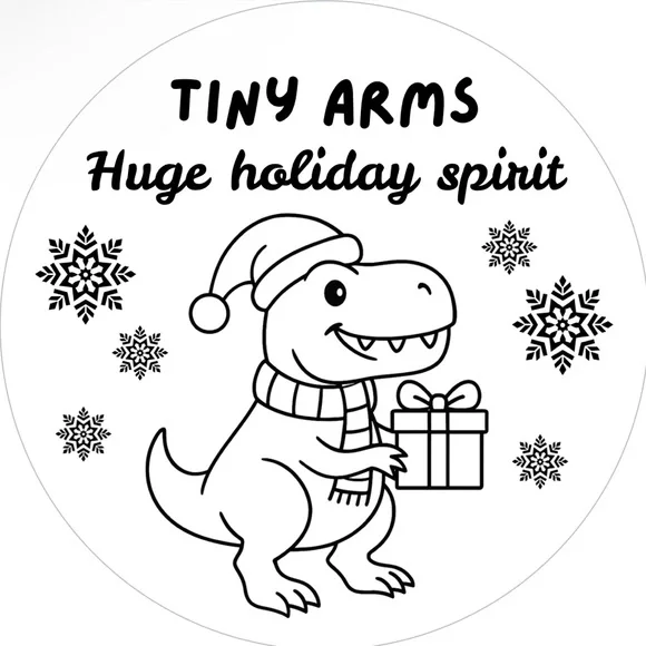Handmade 50 Count T-Rex “Tiny Arms Huge Holiday Spirit” Stickers 2” x 2”