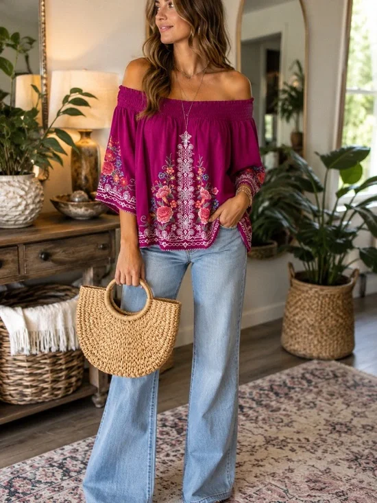 Johnny Was Oversized Off Shoulder Embroidered Boho Floral Peasant Top Cotton