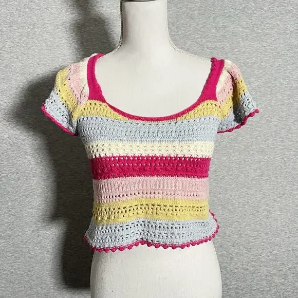Sincerely Jules Crochet Sweater Top Womens Small Rainbow Crop Colorful‎ Y2K Prep