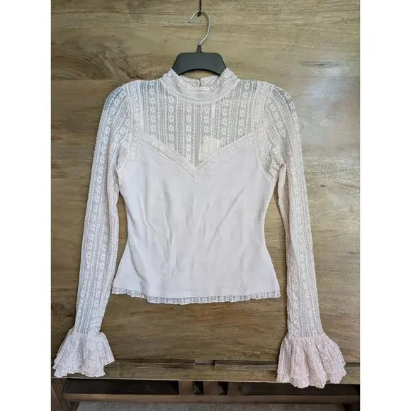 Free People Blouse Top Womens Small Pink Lace Cotton Long Sleeve Pullover NWT