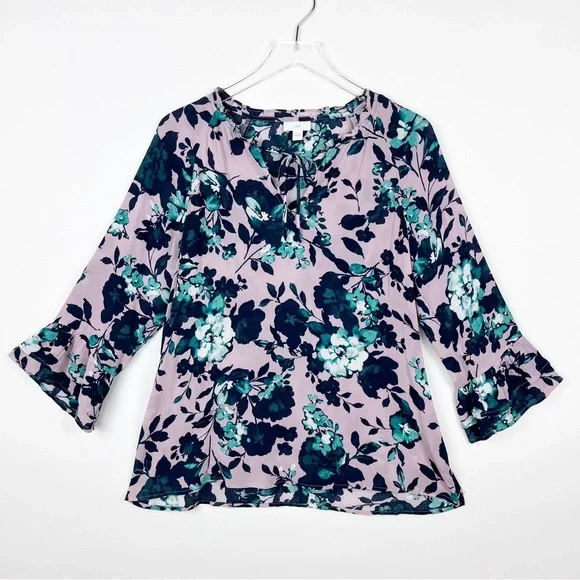 J. Jill Mauve Floral V Neck Rayon Beautiful Blooms Blouse Top