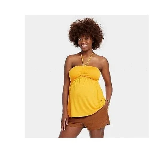 Isabel by Ingrid & Isabel Maternity Halter Babydoll Top Orange Yellow Medium NWT