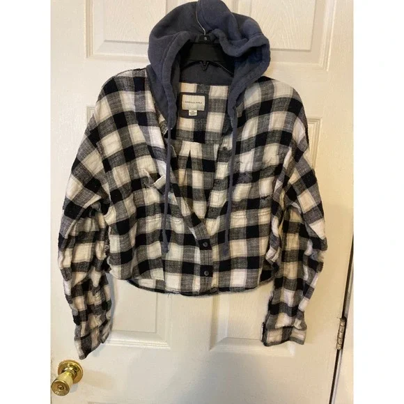 American Eagle Cropped Flannel Hooded Shirt Buffalo Plaid Black‎ White Large