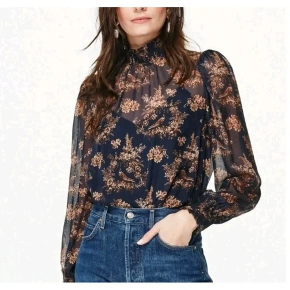 Cami‎ NYC Blouse Top Size M Willa Toile Print Sheer Ulined Long Sleeve Women's