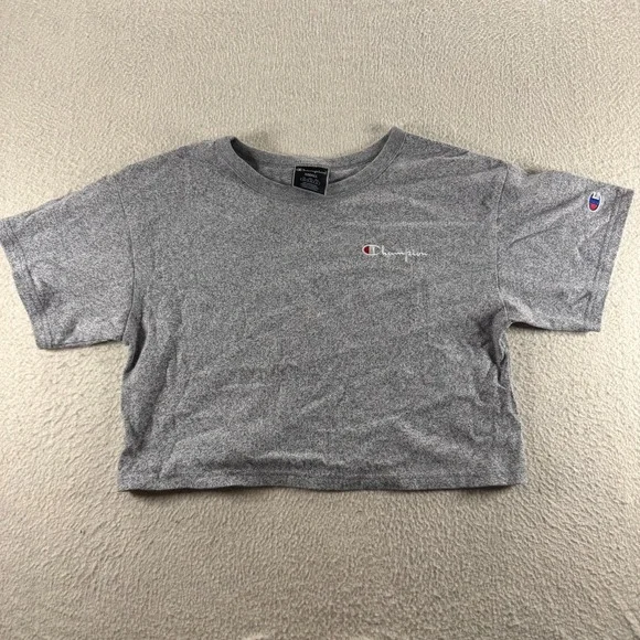 Champion Cropped T-Shirt Women Small Gray Excellent Embroidered Script WL956 XFS