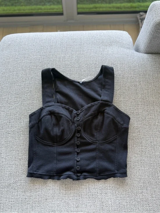 Free People Black Corset-Style Cropped Tank with Button Front