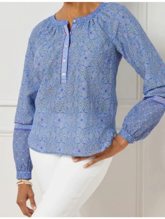 Talbots Stained Glass Medallion Band Collar Popover‎ Blouse Blue/Pink Women's P