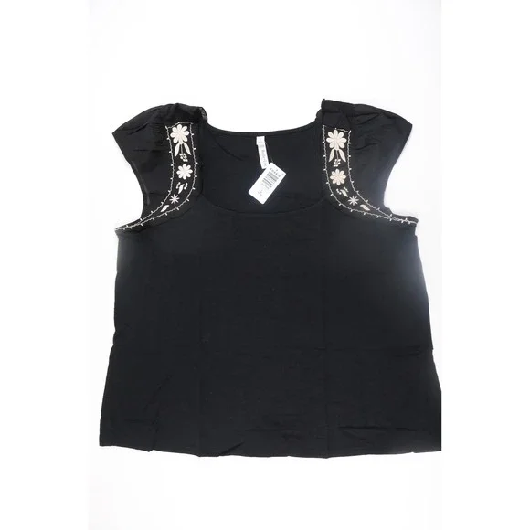 Torrid Top Belle Isle Embroidered Flutter Sleeve Black Floral 1X NWT