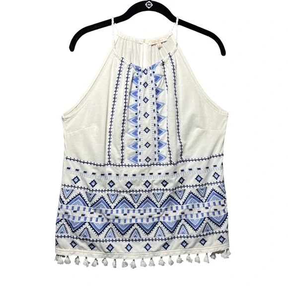Skies Are Blue White Blue Embroidered‎ Tassel Halter Top Blouse Womens L