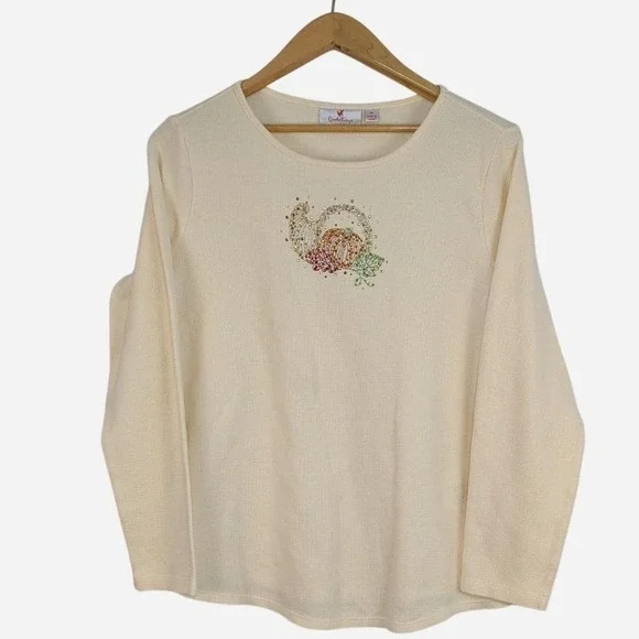 Quacker Factory Cornucopia Rhinestone Embroidered Fall Sweater Top Medium