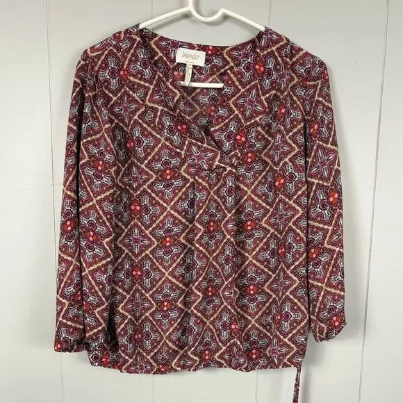 Laundry by Shelli Segal Tunic Top Adjustable Waist Boho Geometric Bishop Sleeve