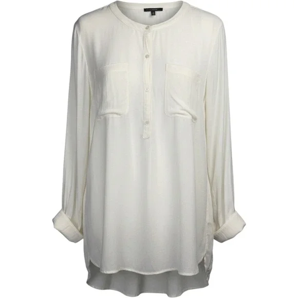 Chaus Womens Button Front Shirt Ivory Long Sleeve Round Collar Dual Pocket XL