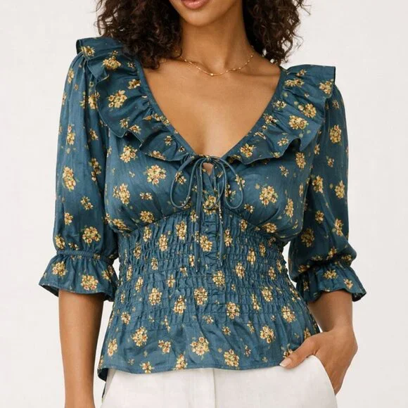 Free People Satin Floral Blouse Large‎