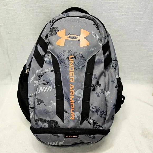 Under Armour Hustle 5.0 Storm Backpack Gray Orange Graphic Pack 1361176