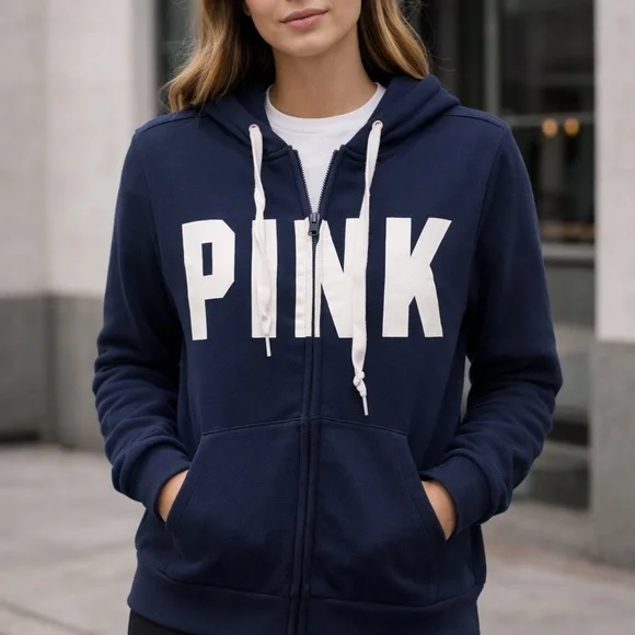 ✨PINK Victoria's Secret Navy Zip-Up Hoodie with White Logo