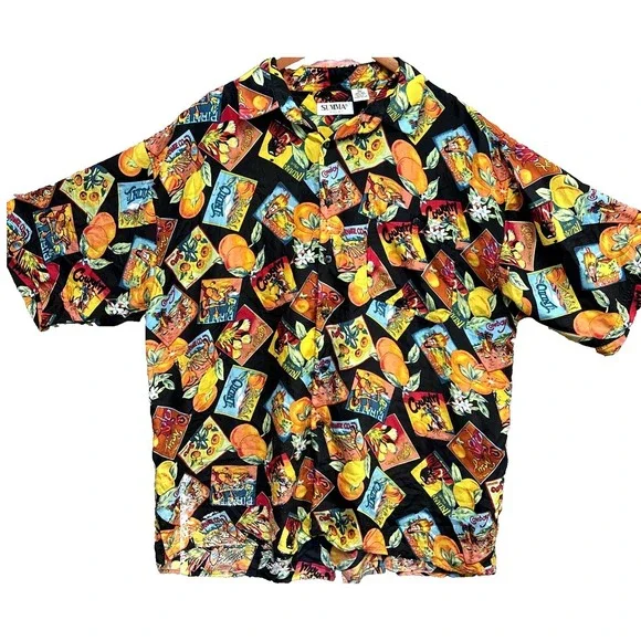 Summa Silk‎ Short Sleeve Button Down Vintage Shirt Size XL Fruit Crate Cowgirl