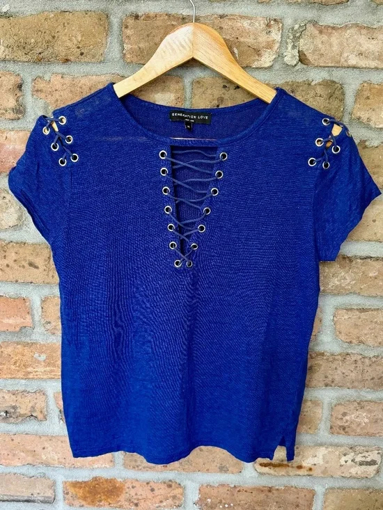 Generation Love New York XS Blue Short Sleeve Knit Top Stitch Fix Boho Festival