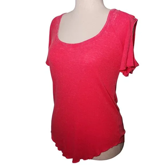 NEW Chaser Ribbed Cotton Blend Top Cut-out‎ Shoulders Watermelon Pink L