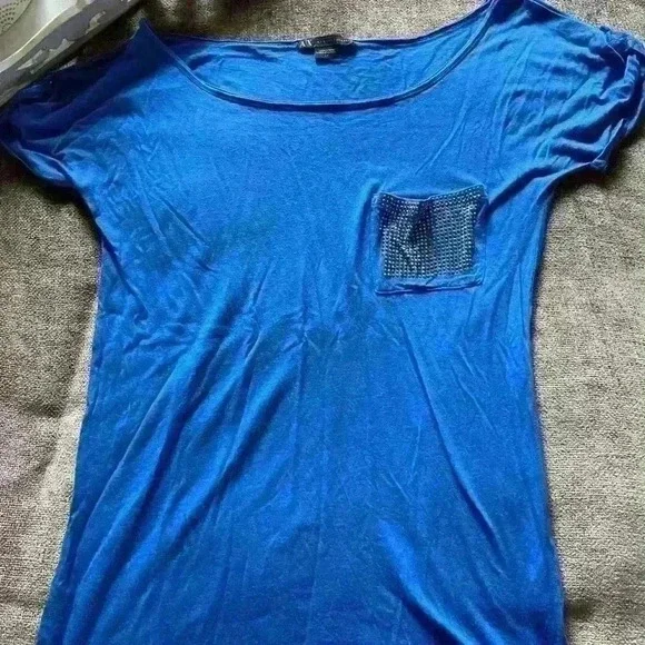 Armani Exchange Bright Blue White Neck T-Shirt with Rhinestone Pocket De…
