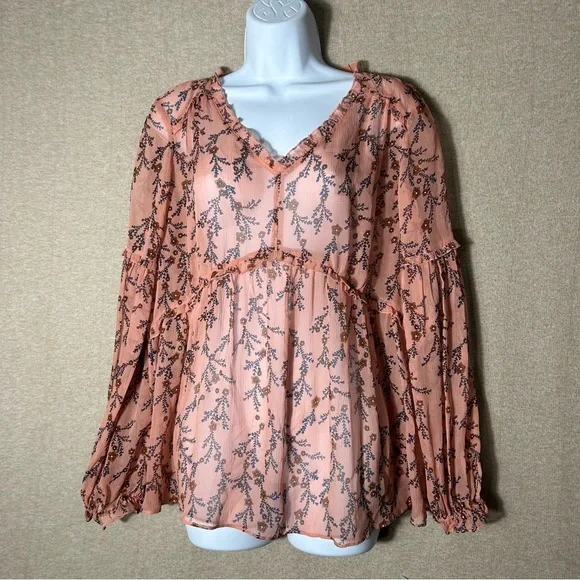 Sundance Silk Blouse Womens Large Sheer Long Sleeve Peasant Ruffle Floral Empire
