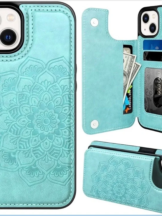2 iPhone 13 Floral Wallet Phone Case with Card Slots Tan and Mint Floral