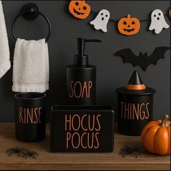 Rae Dunn‎ Halloween Bathroom Set Hocus Pocus Soap Rinse Things Orange Witch Hat