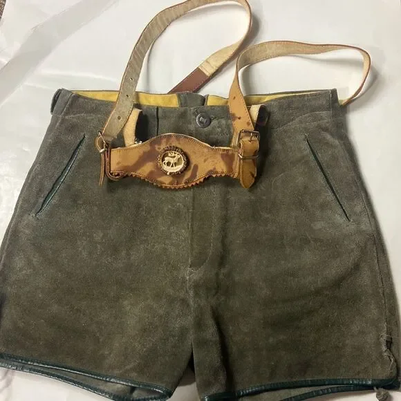 Rare German Authentic VTG Leather Suede Short Overall One Lederhosen Size