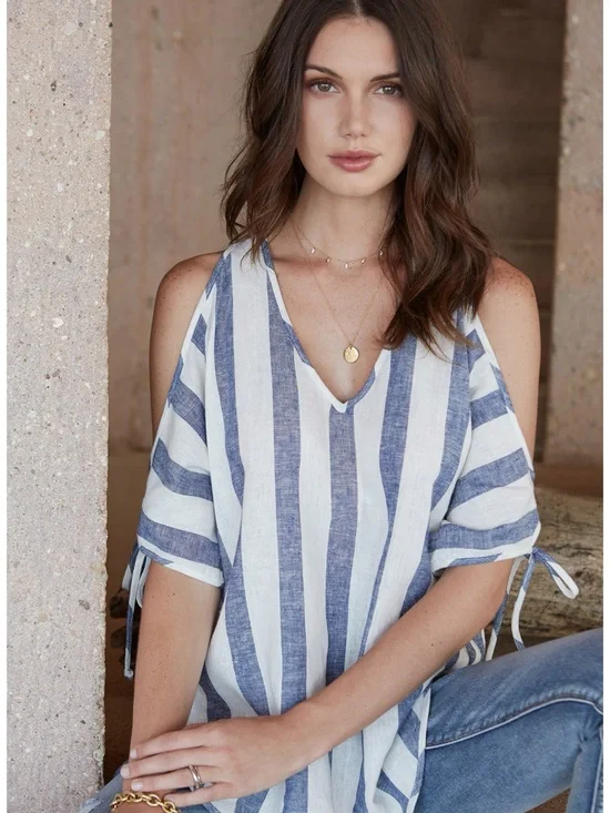 Karen Kane Cold Shoulder Tie Sleeve V Top Navy Blue White Striped Linen Blouse