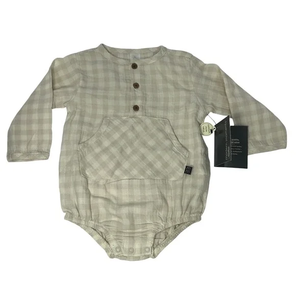 Modern Moments by Gerber Baby 18M Tan Gingham Gauze Long Sleeve Romper New