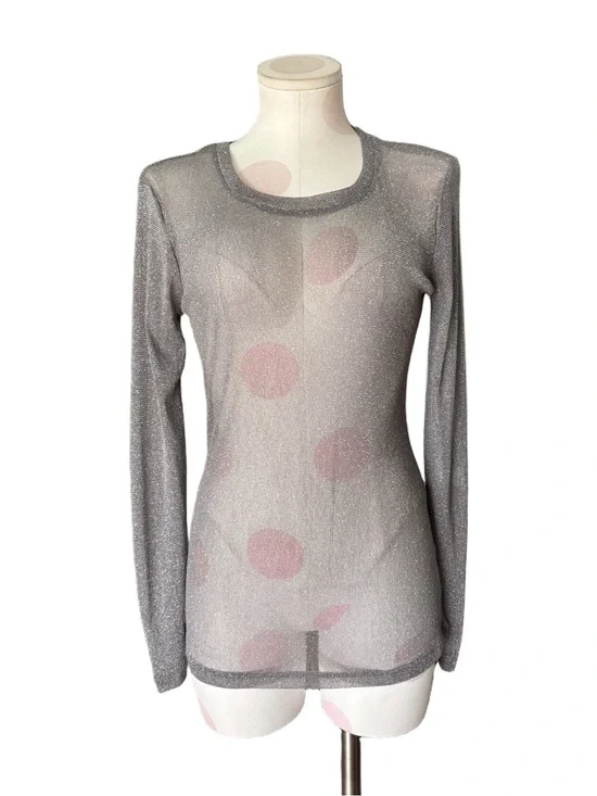 Sheer Metallic Shimmer Top - Silver Lurex Knit - Long Sleeve - small