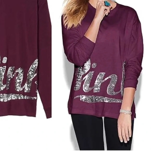 PINK VICTORIA'S SECRET Vtg Pink Bling Sequin Campus Longs Sleeve Tee
