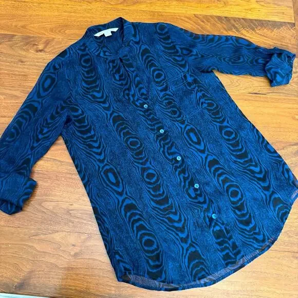 DIANE von FURSTENBERG Silk Blue Woodgrain Button-Up Shirt