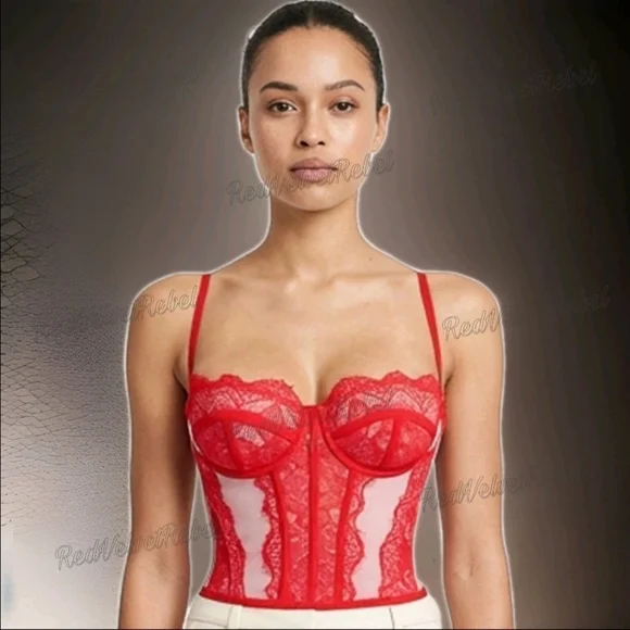 NWT Sexy Red Eyelash Lace Bustier Corset Sheer Mesh Top