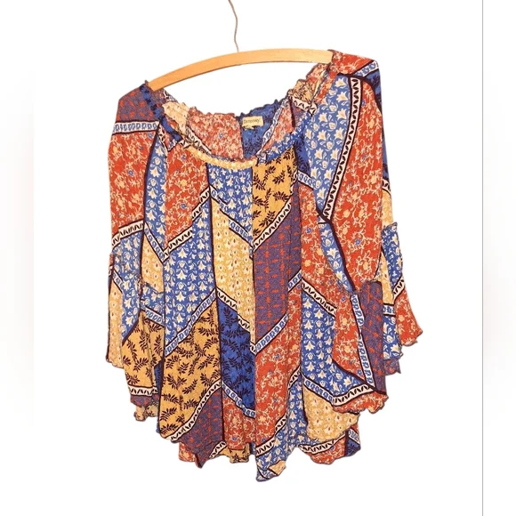 Democracy Multicolor Patchwork Oversized Pullover Bell Sleeved Blouse Bohemian