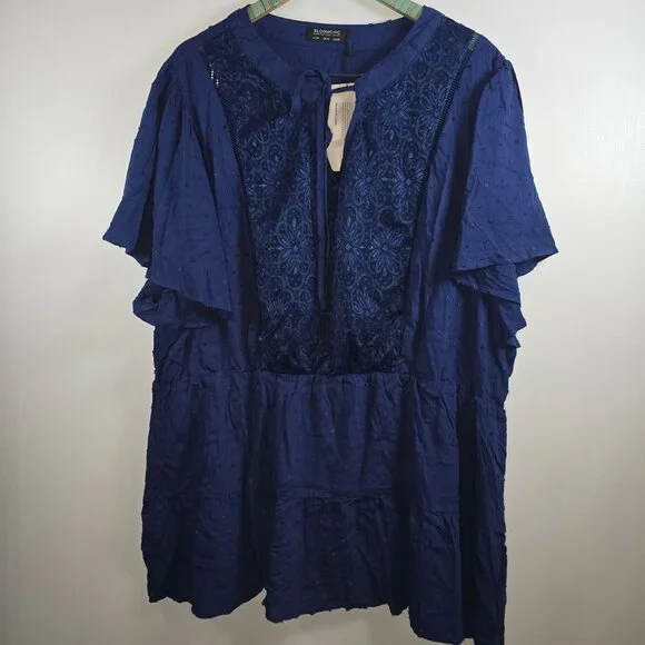Bloomchic Lace Front, Swissdot, V-Neck Ties, Short Slv, Blouson Top, US 28, NWT