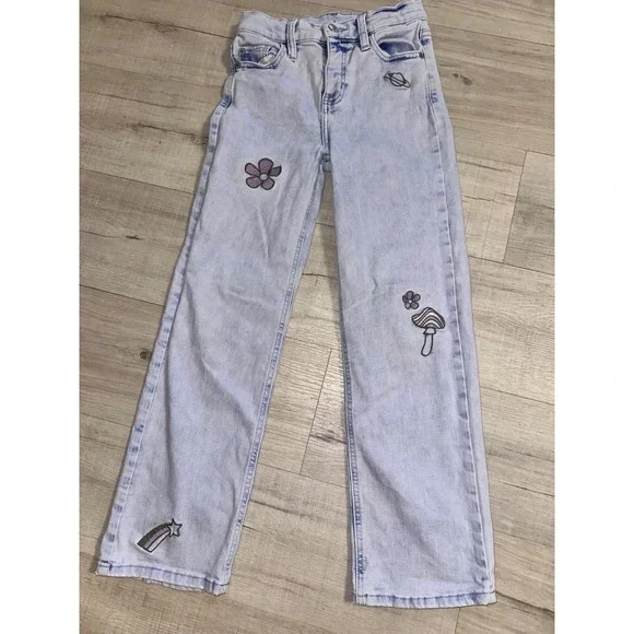 Thereabouts Girls Light Wash Wide Leg Embroidered Patch Jeans‎ Size 10 Mushroom