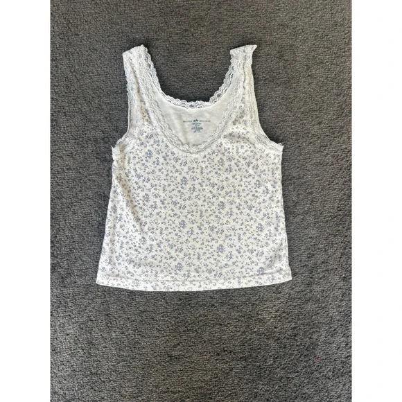 Brandy Melville Blue Floral Lace Trim Cotton Tank Top One Size Camisole White