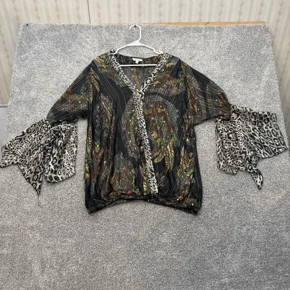 Mirror Image Blouse Womens XL Black Paisley Leopard Bell Sleeve Sheer Boho Top