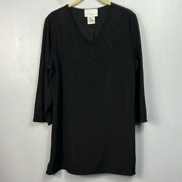 Susan Graver Style Black Beaded Neckline 3/4 Sleeve Tunic Top Medium