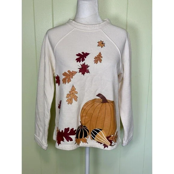 Potpourri Women’s Cozy‎ Fall Pumpkin Sweatshirt Autumn Leaves Harvest Holiday Sm