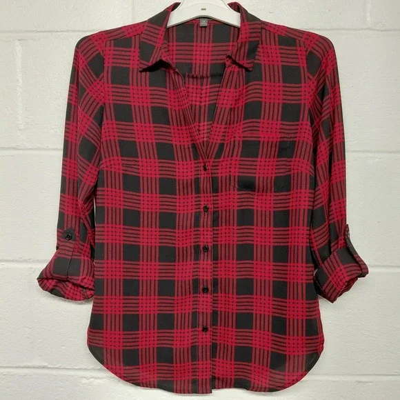 The Limited Blouse Women's XS Plaid Red Black Button Up Tab Sleeve Shirt Top