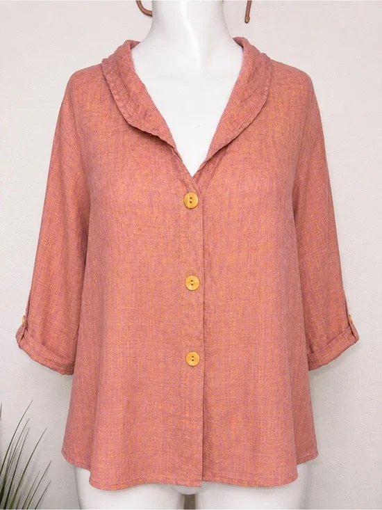 FLAX Jeanne Engelhart Pink Mauve Linen Button Front Top Large
