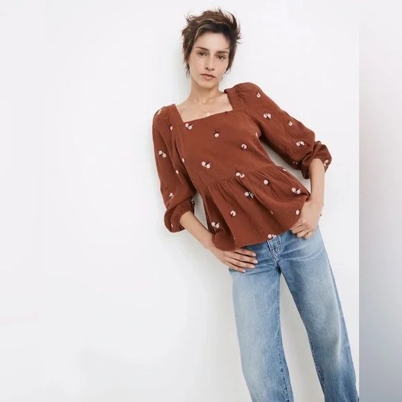 NWT Madewell Amie Floral Embroidered Lightspun Millbrook Puff-Sleeve Top Medium