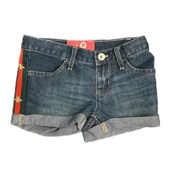 Kid’s Roll Cuff Denim Shorts W/ Bee Stripe Ribbon