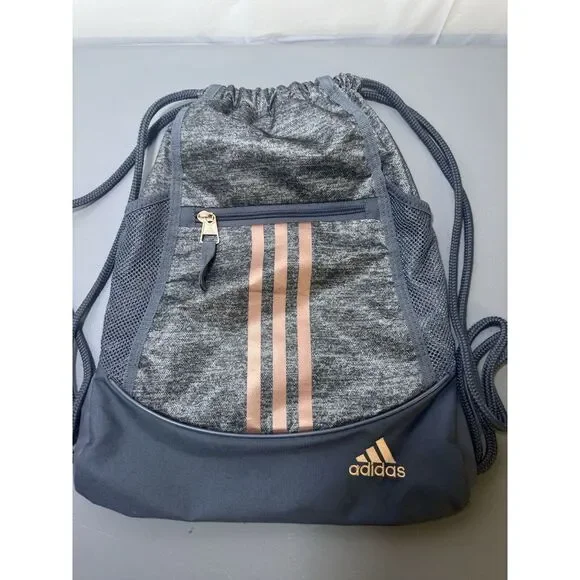 Adidas Gray Gold Drawstring Back Pack With From Zipper Pouch‎ 14x16