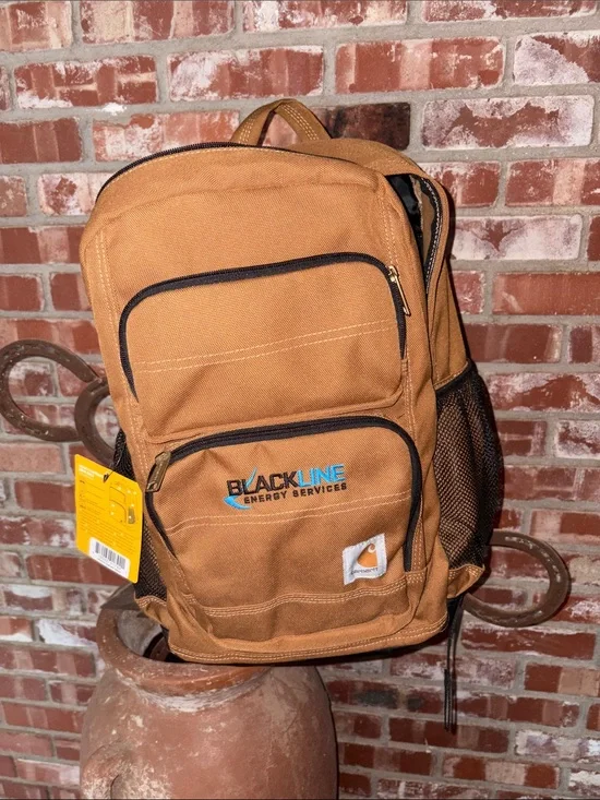 Carhartt Brown Canvas Backpack with Black Trim and Blue Logo